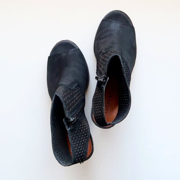 Lucky Brand Black Nubuck Perforated Leather Block Heel Open Toe Bootie Shoes 7.5 - Picture 8 of 16